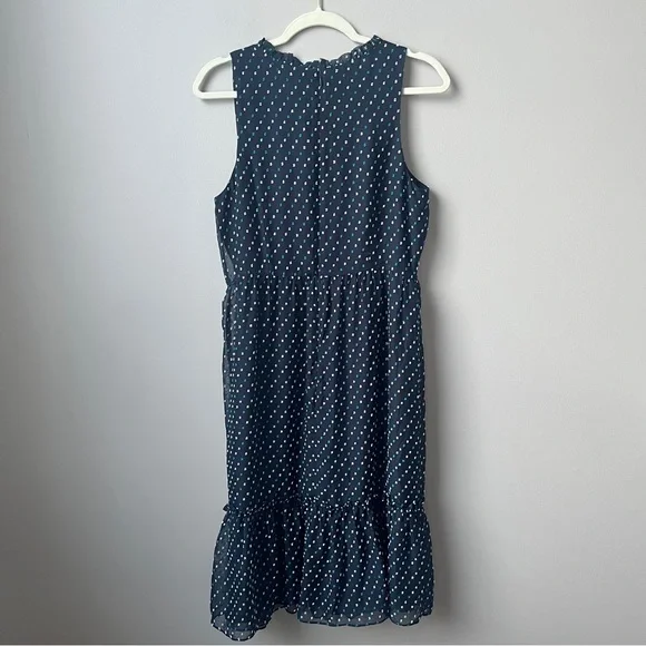 Loft Outlet Dress Women's 8 New NWT Navy Blue Tufted Swiss Dots Midi Ruffles - Picture 2 of 12